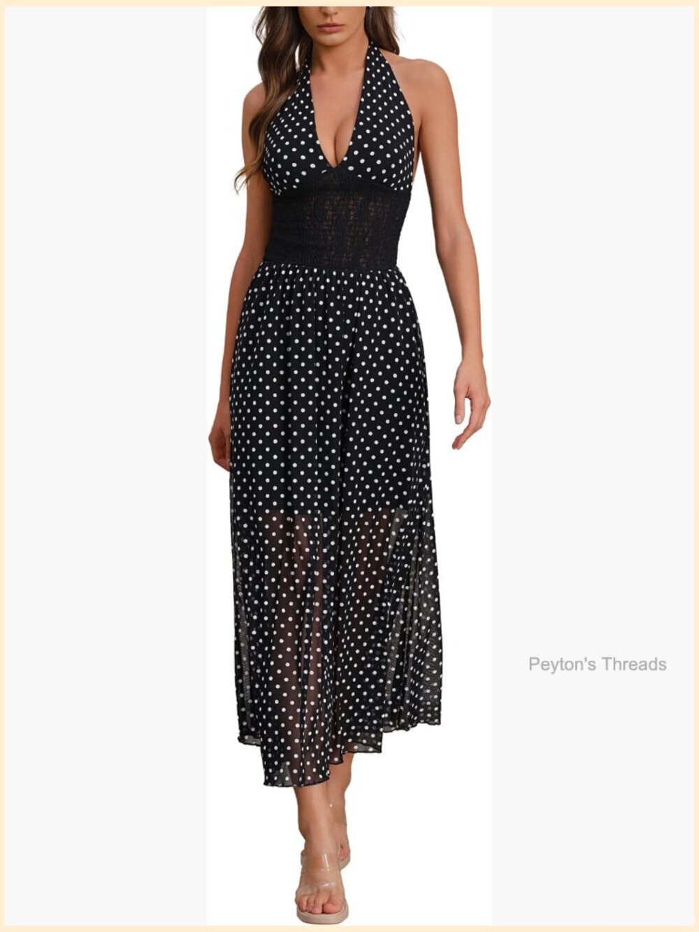Halter Plunge Polka Dots Tie Back Mesh Sleeveless Maxi Long Dress